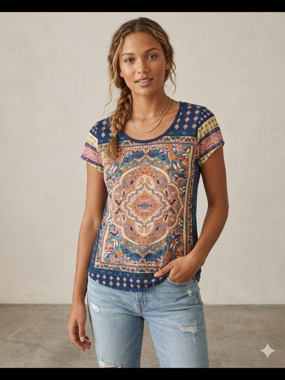 Lucky Brand Navy Short Sleeve Tee with Multicolor Medallion Print